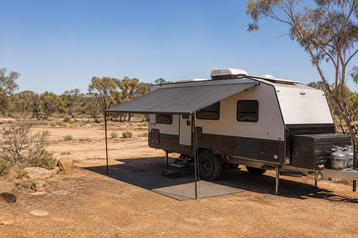 Single rooftop air conditioner on a caravan at a hot Australian campsite