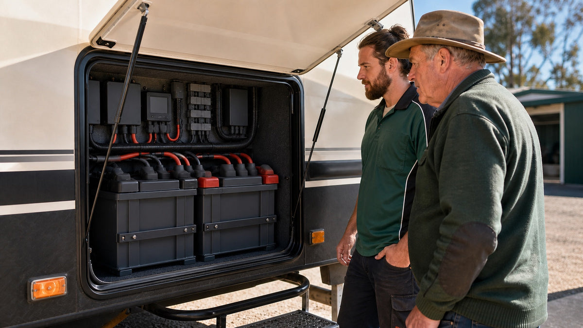 Owner reviewing a caravan battery system that supplies a 12 volt refrigerator