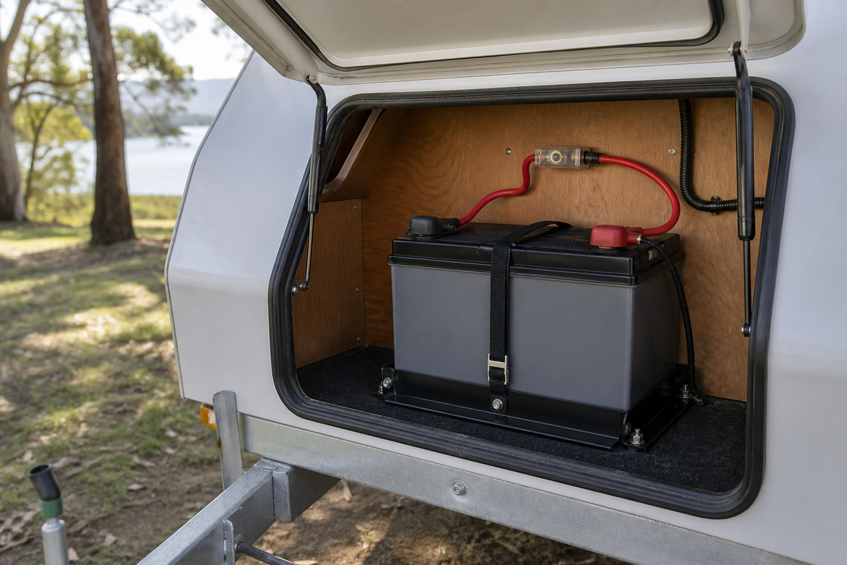 Single deep-cycle battery securely installed in a caravan compartment