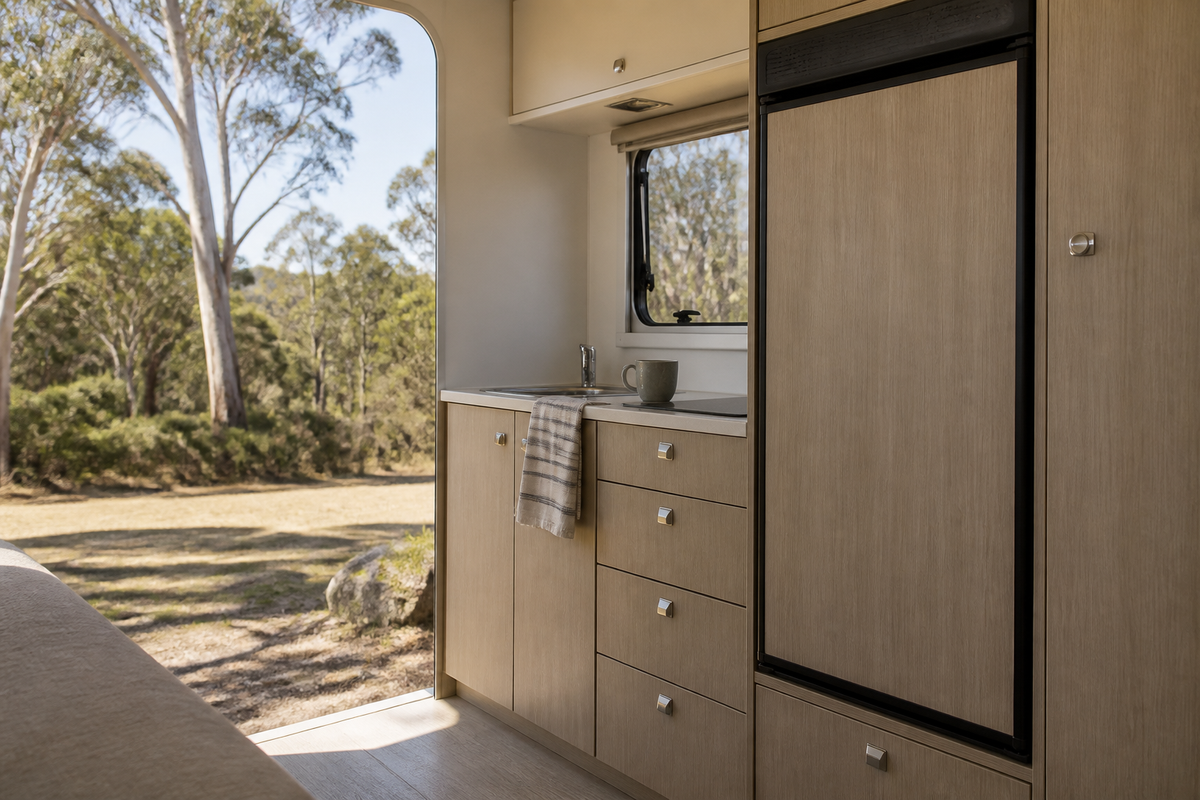 Single built-in refrigerator in a caravan kitchen