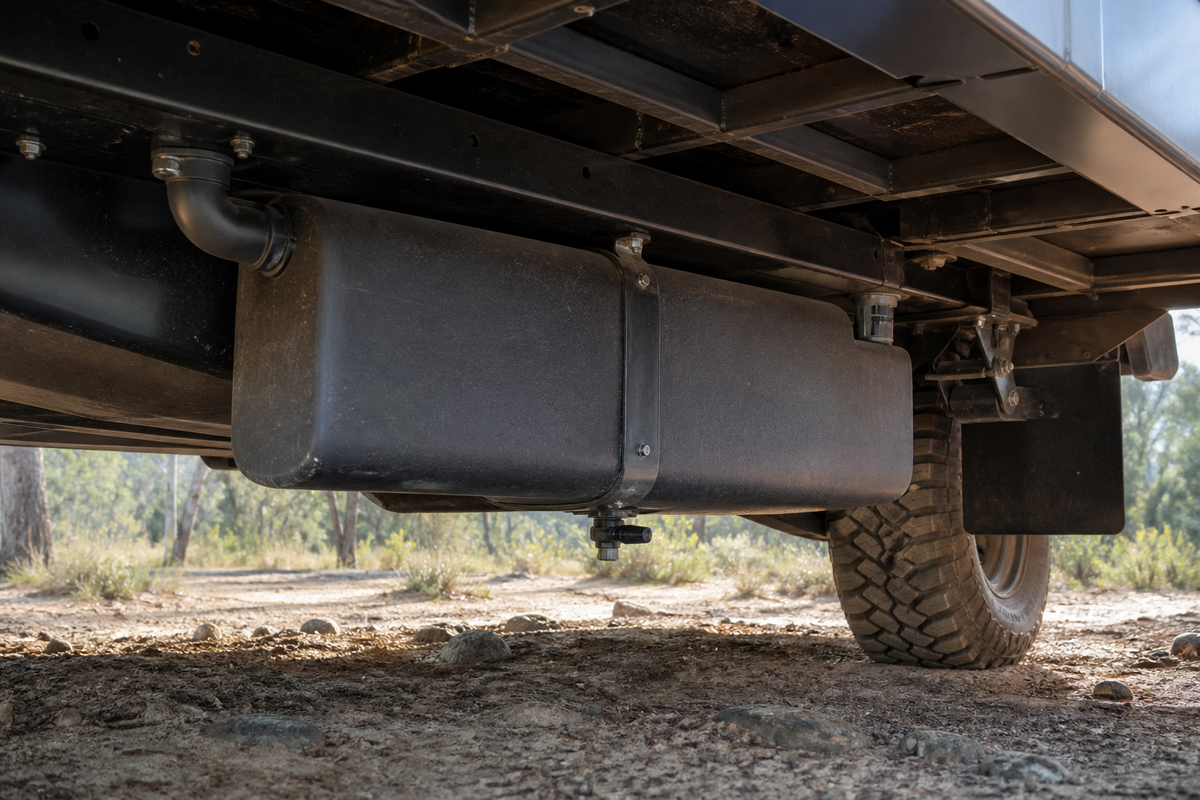 Single underslung grey-water tank mounted beneath a caravan