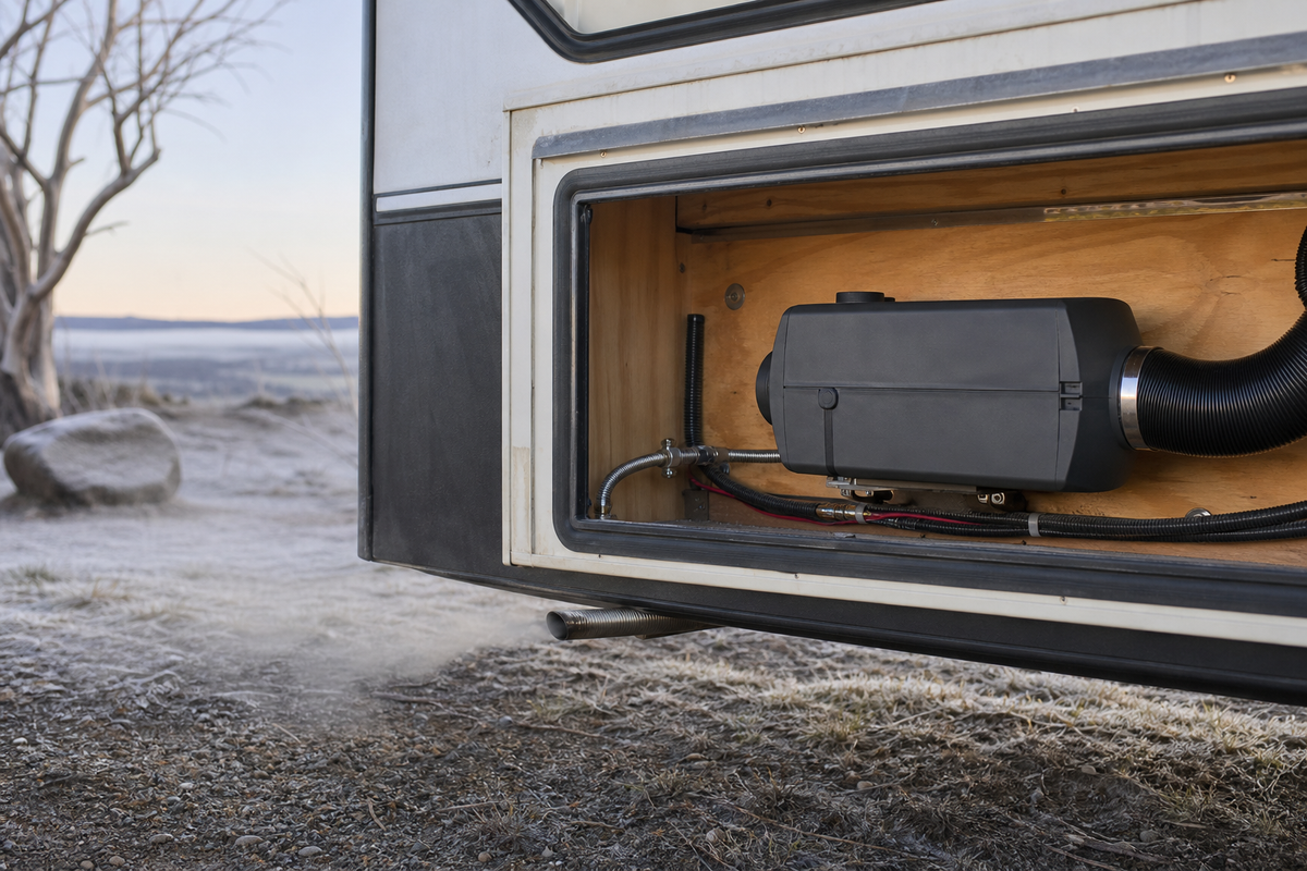Single diesel air heater installed in a caravan service compartment