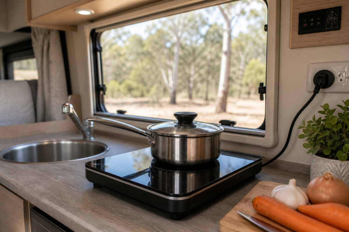 Single induction hob with saucepan in a caravan kitchen