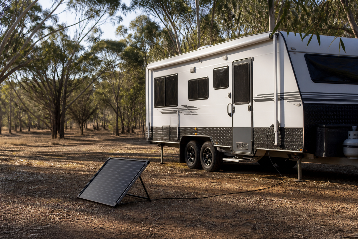 Single portable solar panel beside a caravan in light shade