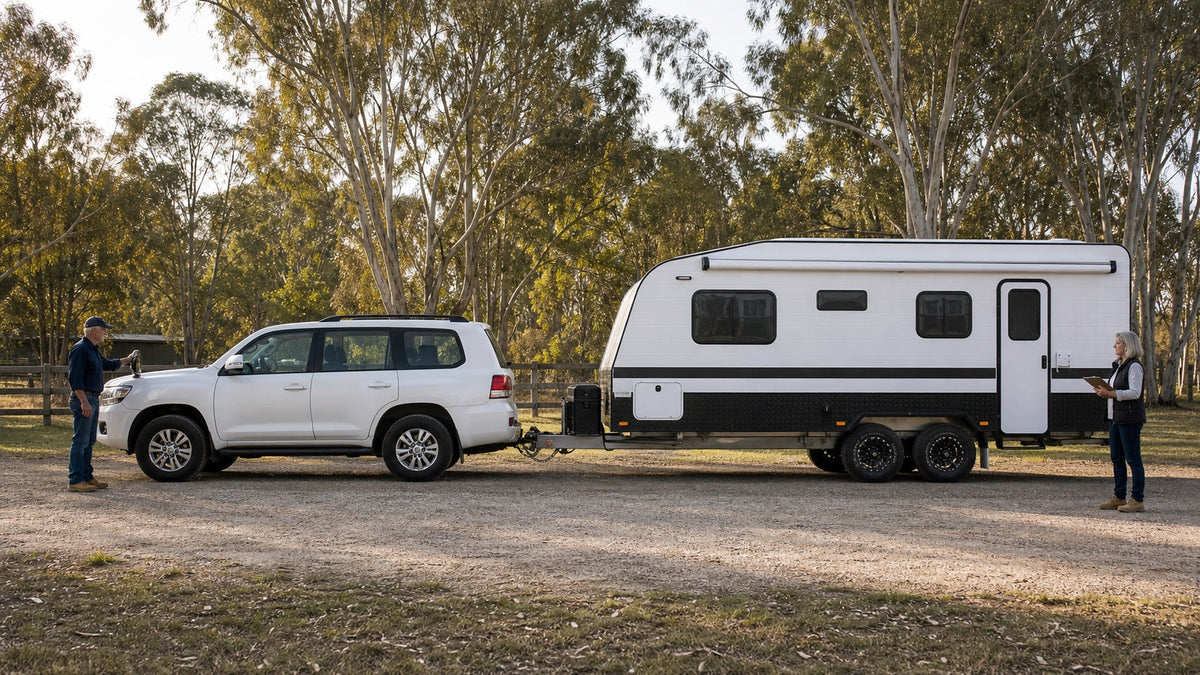 Travellers completing a final vehicle and caravan departure check at home