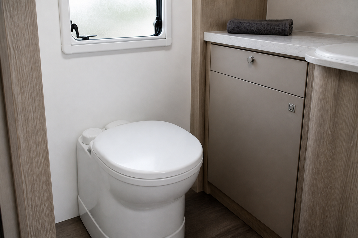 Single cassette toilet installed in a compact caravan bathroom