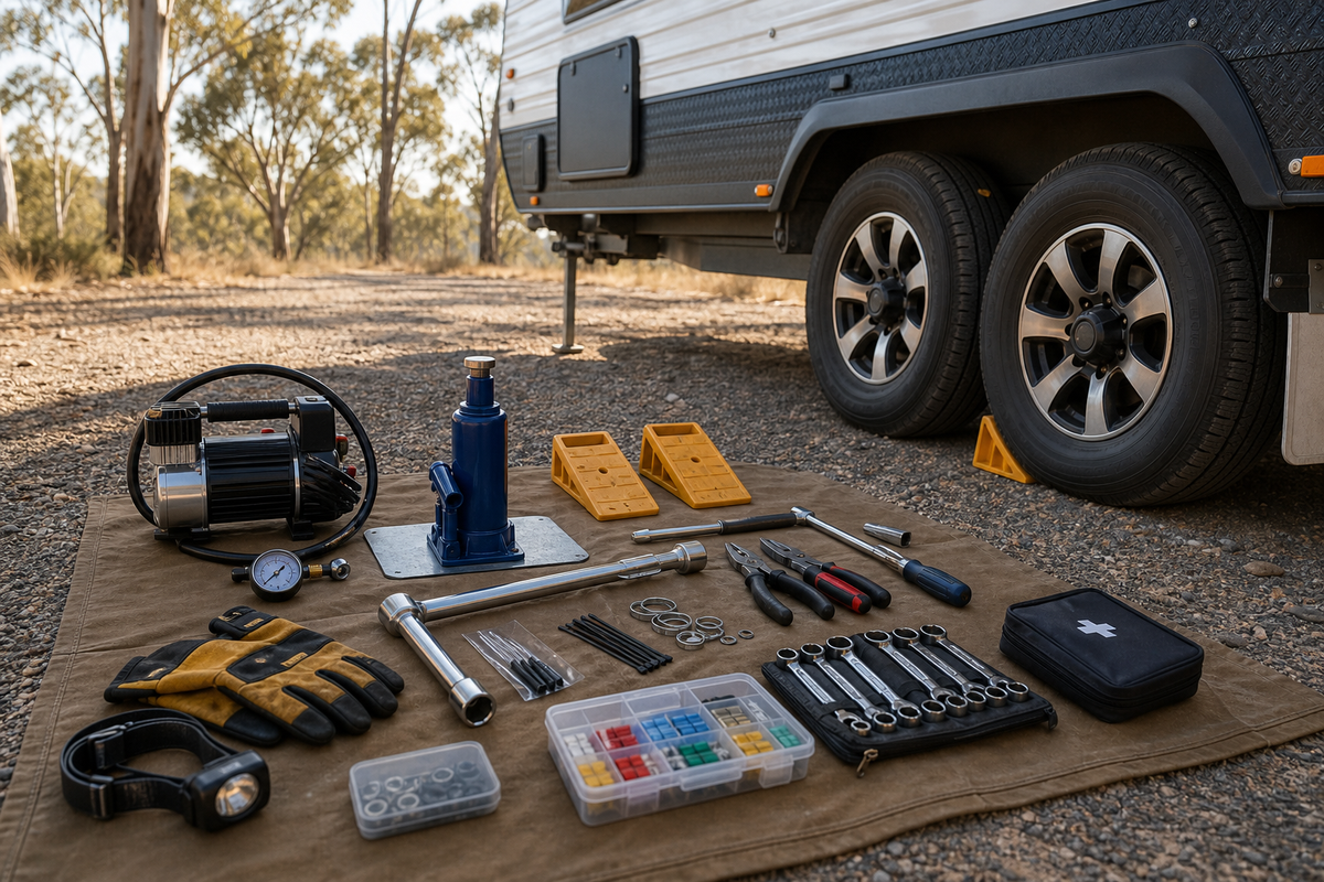 Caravan tool kit with torque wrench, wheel chocks, tyre gauge, compressor and hand tools beside an Australian caravan