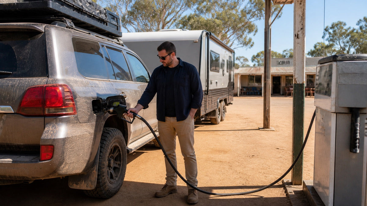 Tow vehicle and caravan refuelling at a regional Australian roadhouse