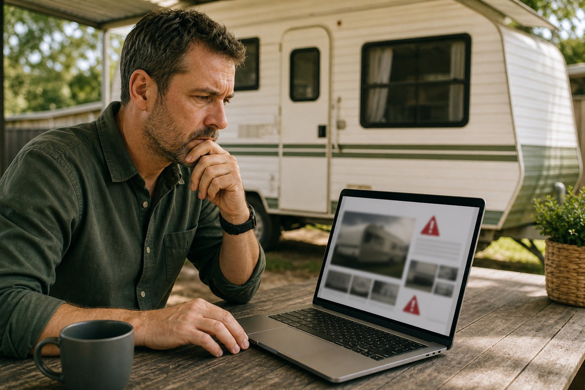 Australian caravan buyer identifying a suspicious online listing on a laptop beside a real caravan