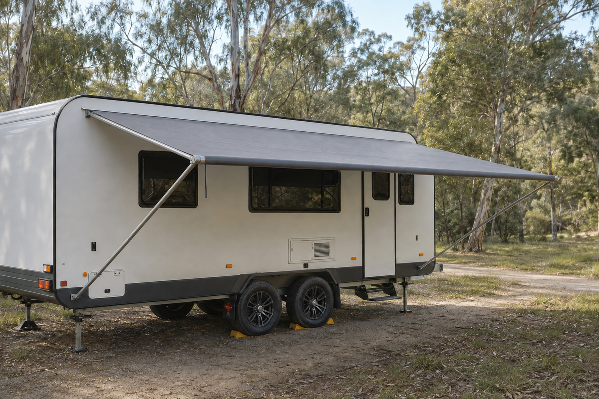 Grey roll-out awning attached along a caravan side-wall rail, with an outer roller and diagonal support arms