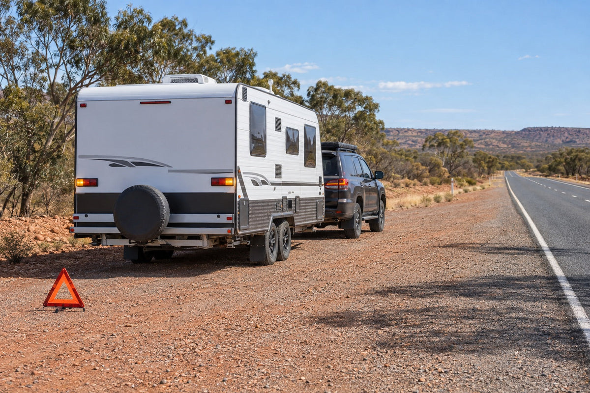 Caravan and tow vehicle safely stopped in a roadside lay-by with a warning triangle