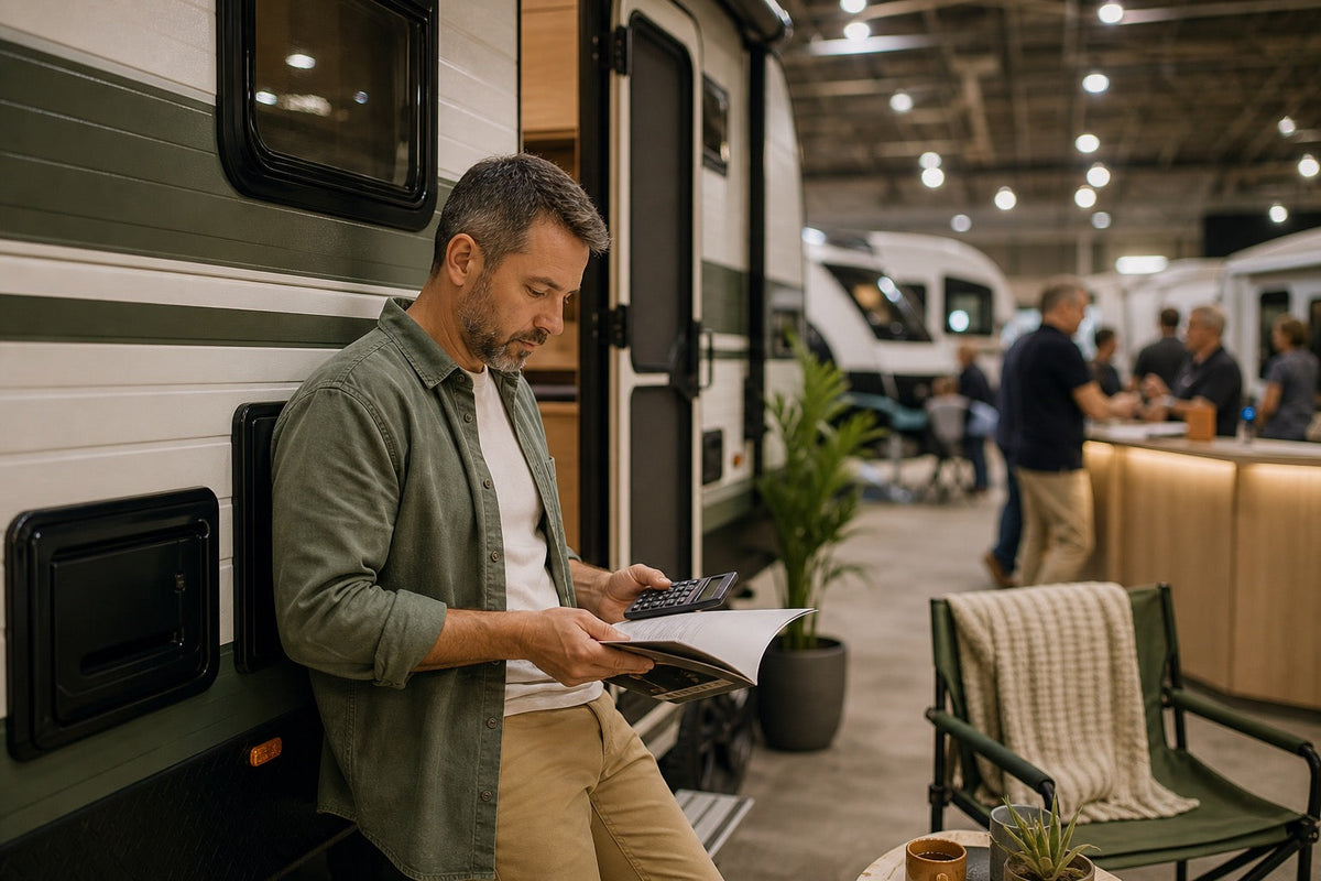 Australian caravan-show visitor reviewing a brochure and calculator away from the sales desk