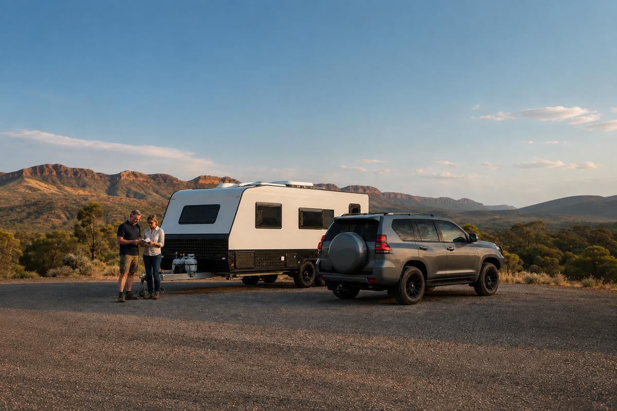 Tow vehicle and caravan combination being checked in the Flinders Ranges
