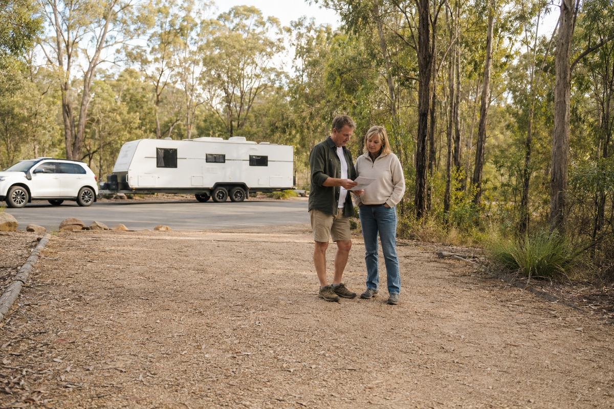 Couple inspecting a caravan campsite before setting up, with their towing combination parked nearby