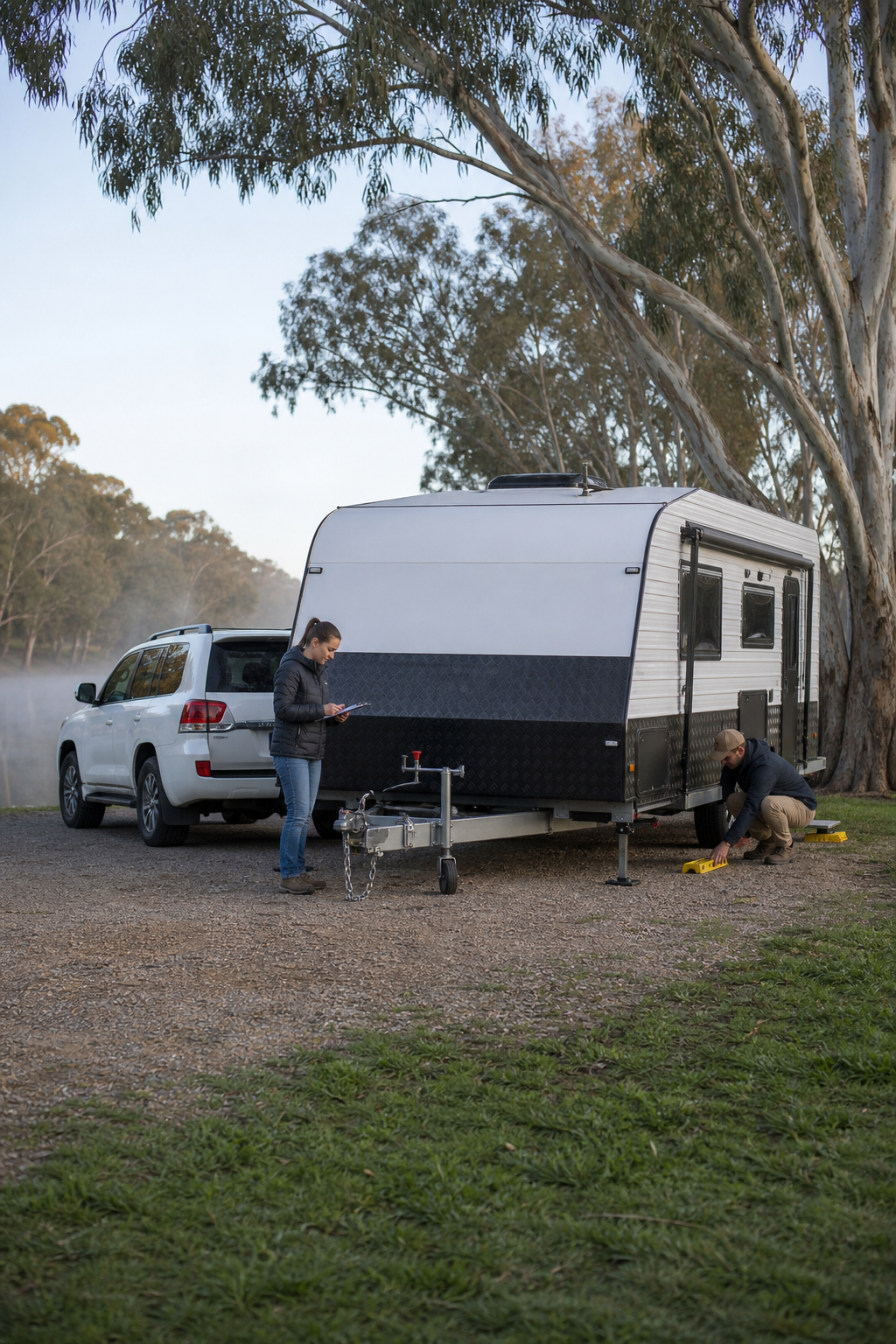 Caravan outdoor area being set up safely at an Australian riverside campsite
