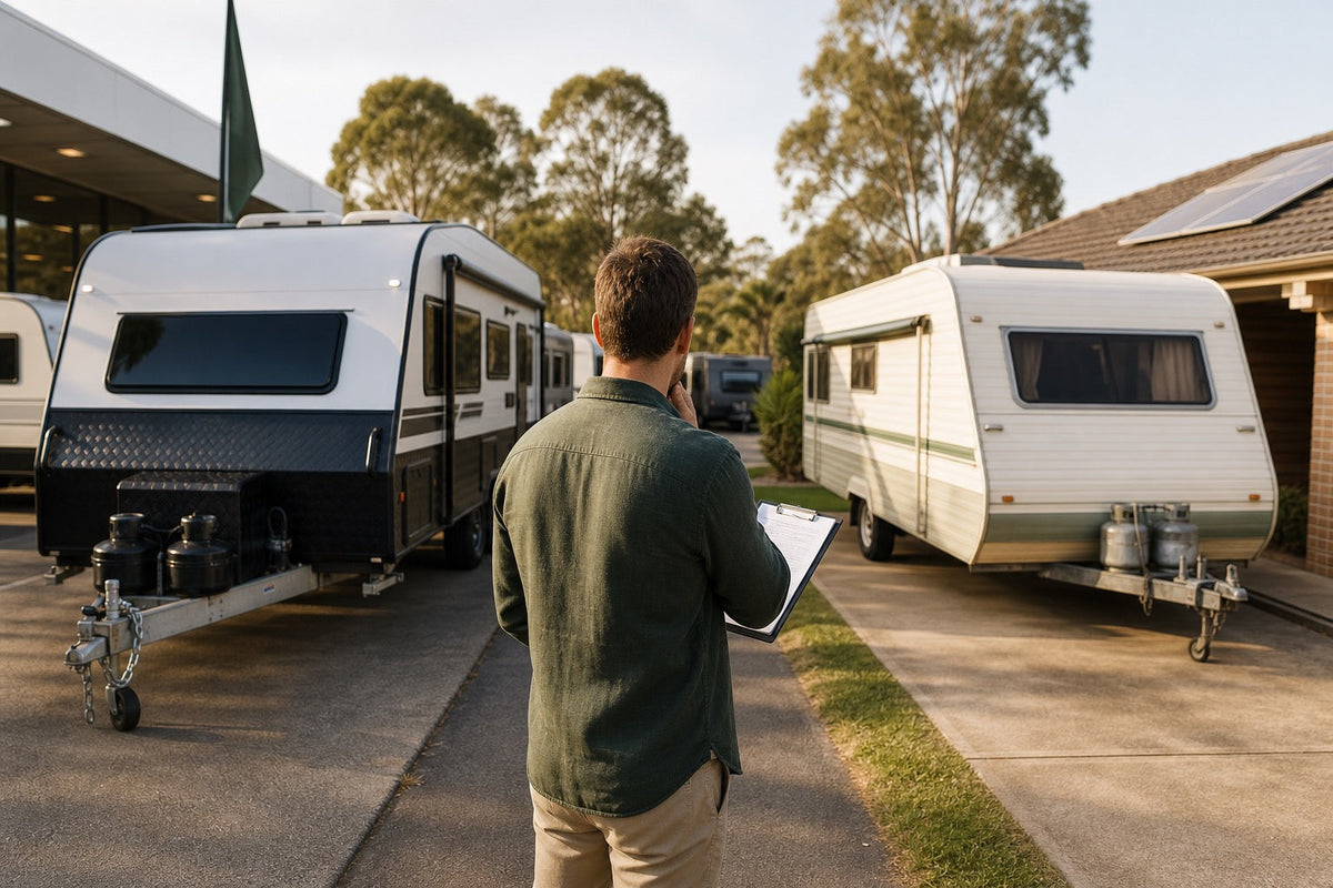 Australian caravan buyer comparing a dealership caravan with a private-sale caravan