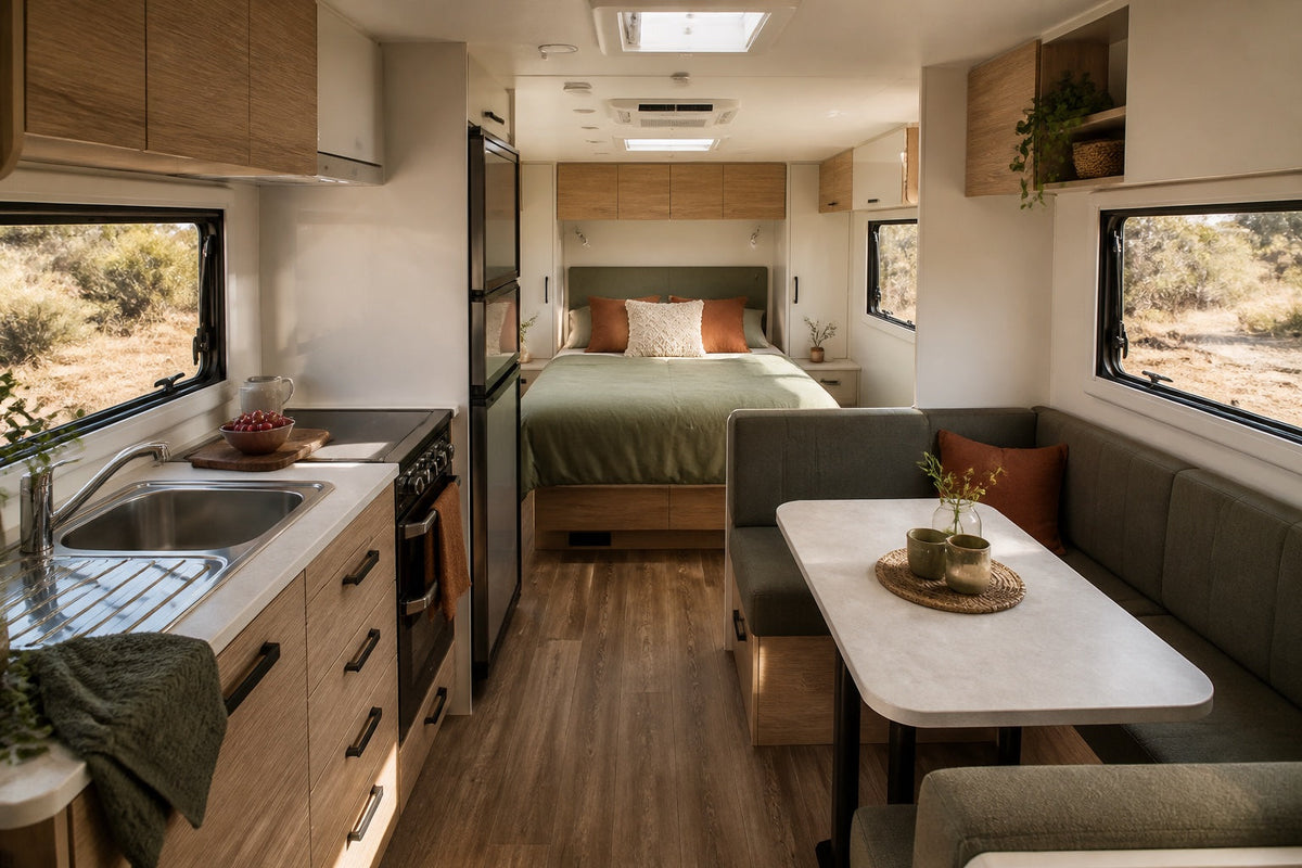 Modern Australian touring caravan interior showing the bed, kitchen, dinette and central walkway.