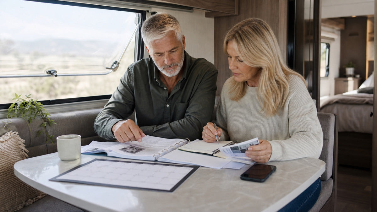 Caravan owners reviewing manuals and building a maintenance schedule