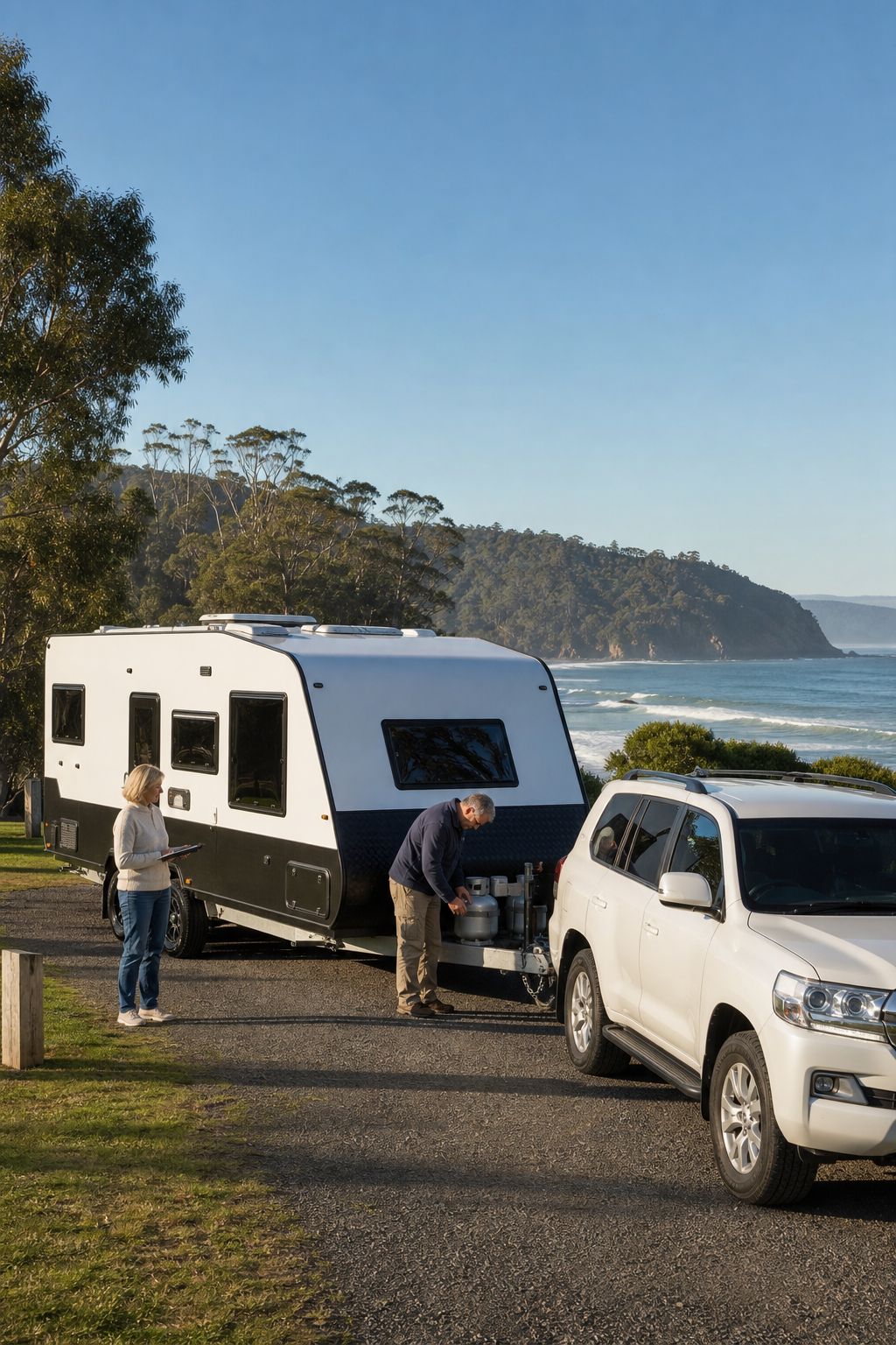 Couple completing a caravan hitch and departure safety check