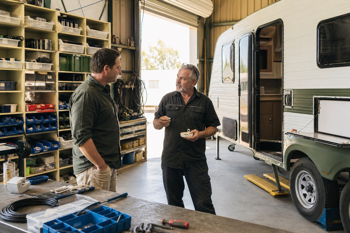 Australian caravan owner speaking with a regional repairer beside an organised parts workshop