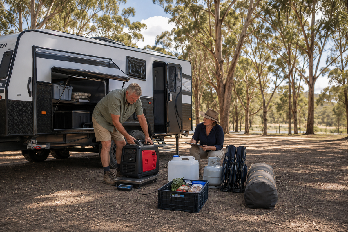 Travellers weighing caravan equipment before loading