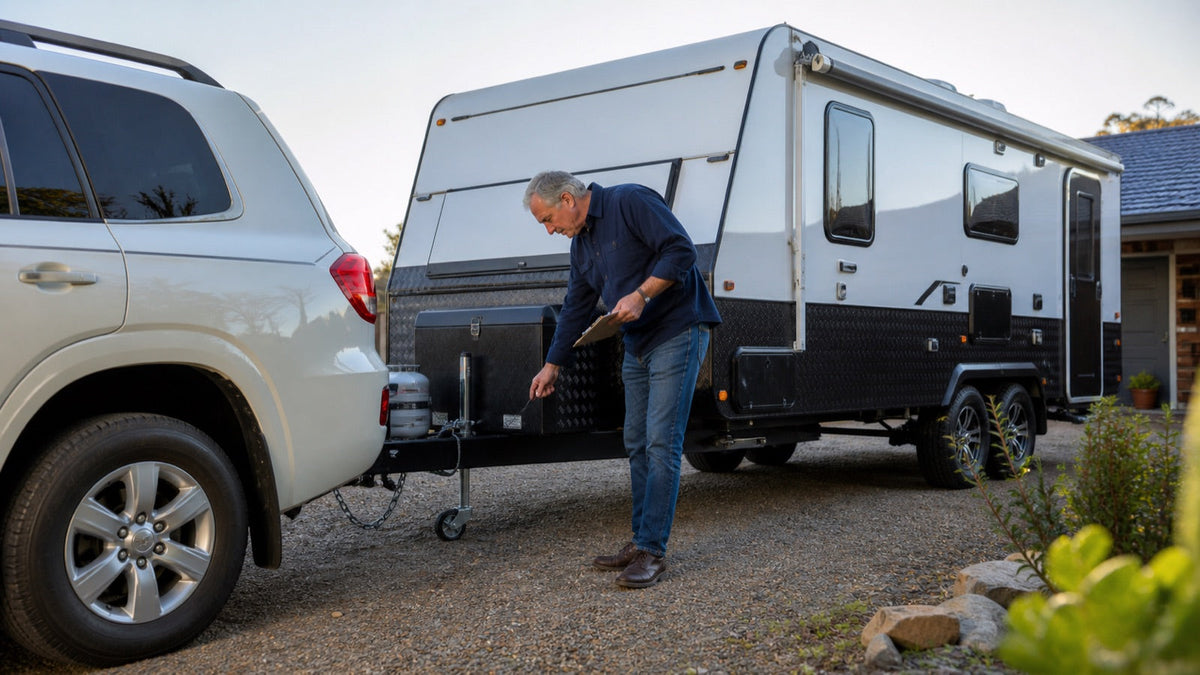 Owner completing a pre-trip caravan inspection in a driveway