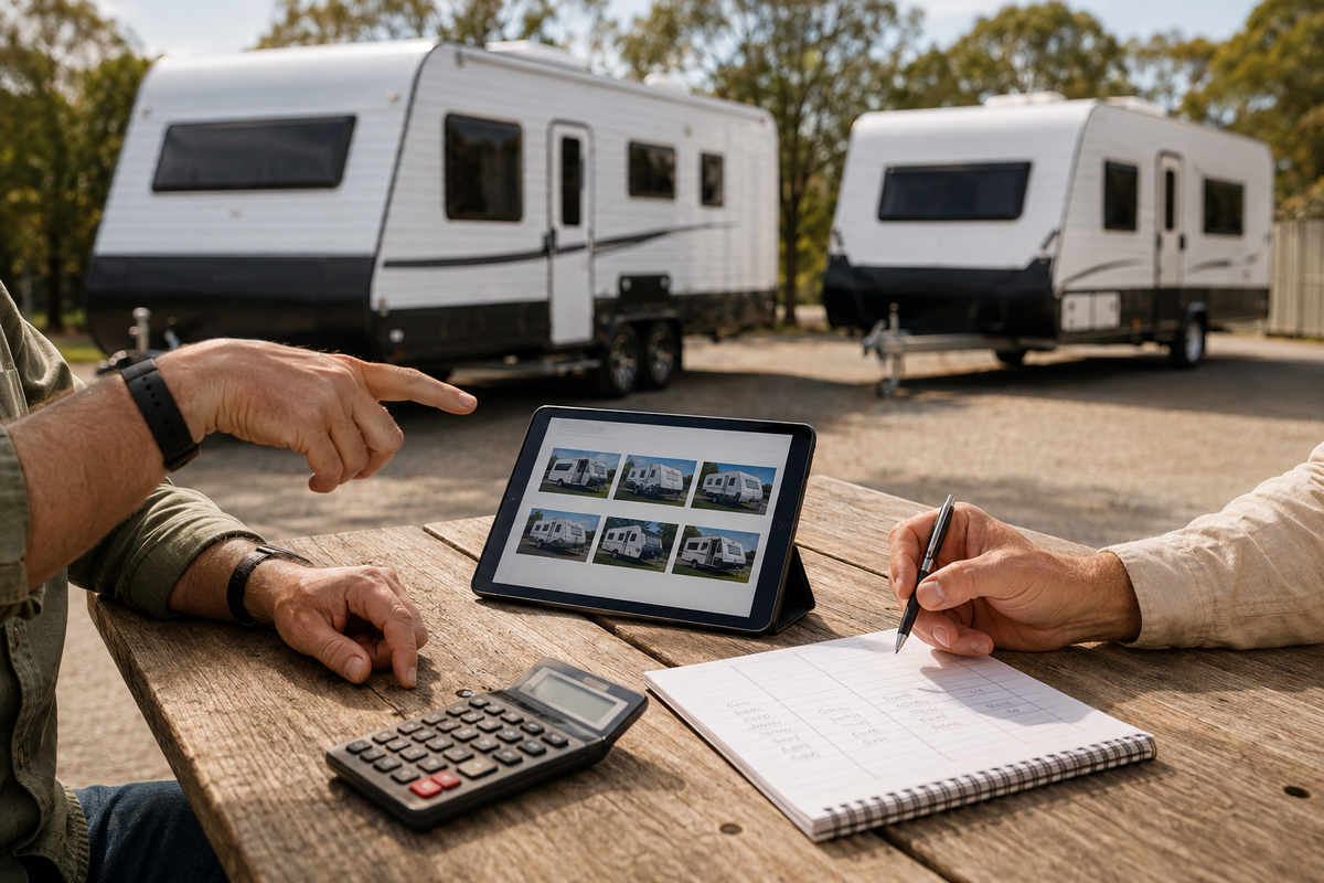 Buyers comparing caravan listings and notes at an Australian caravan yard