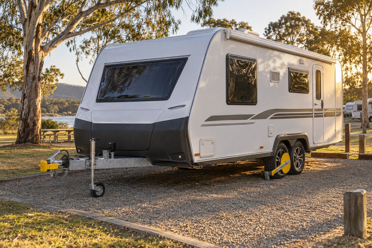 Unhitched caravan secured with a coupling lock and wheel clamp at a campsite