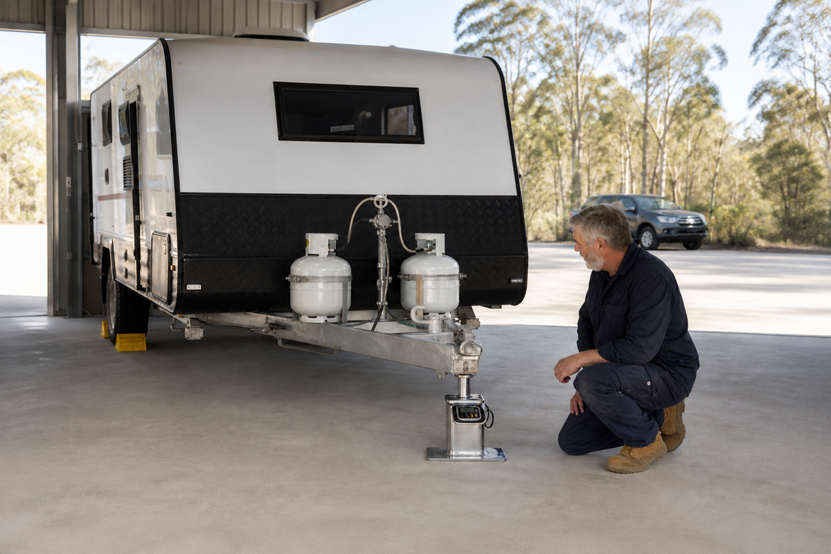 Uncoupled caravan tow-ball mass being measured on a purpose-made scale