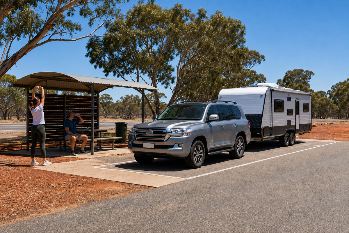 Caravan combination parked safely in a designated Australian roadside rest area