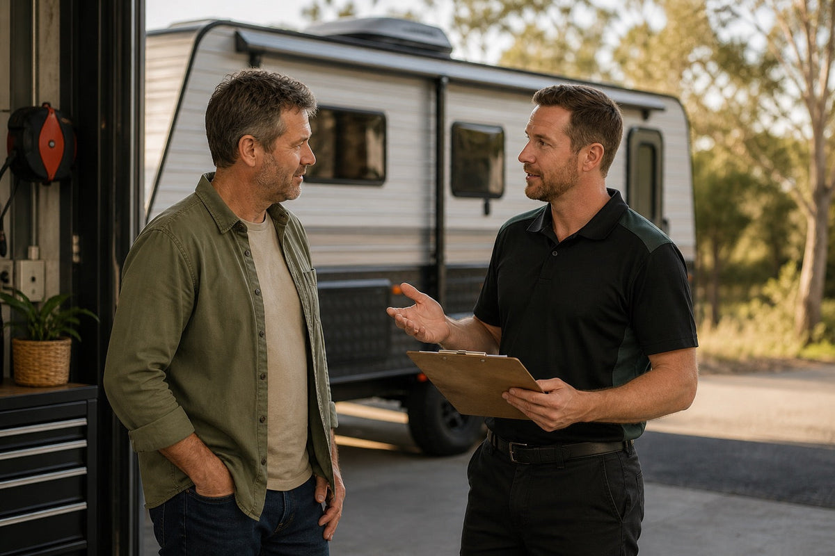 Caravan owner discussing warranty repairs with a service adviser beside a workshop bay