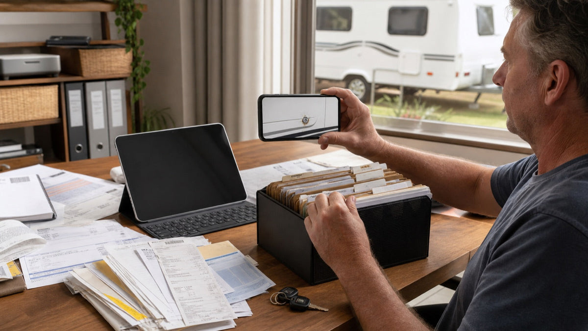 Caravan owner organising warranty, service and repair records