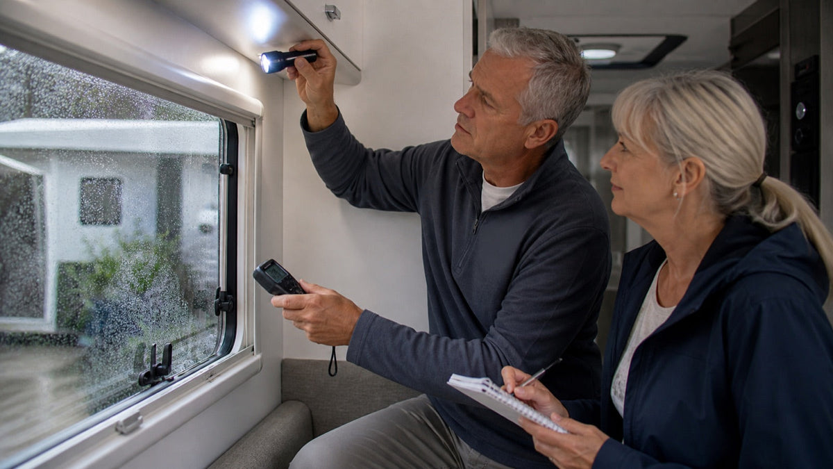 Caravan owners checking a window area for signs of water ingress