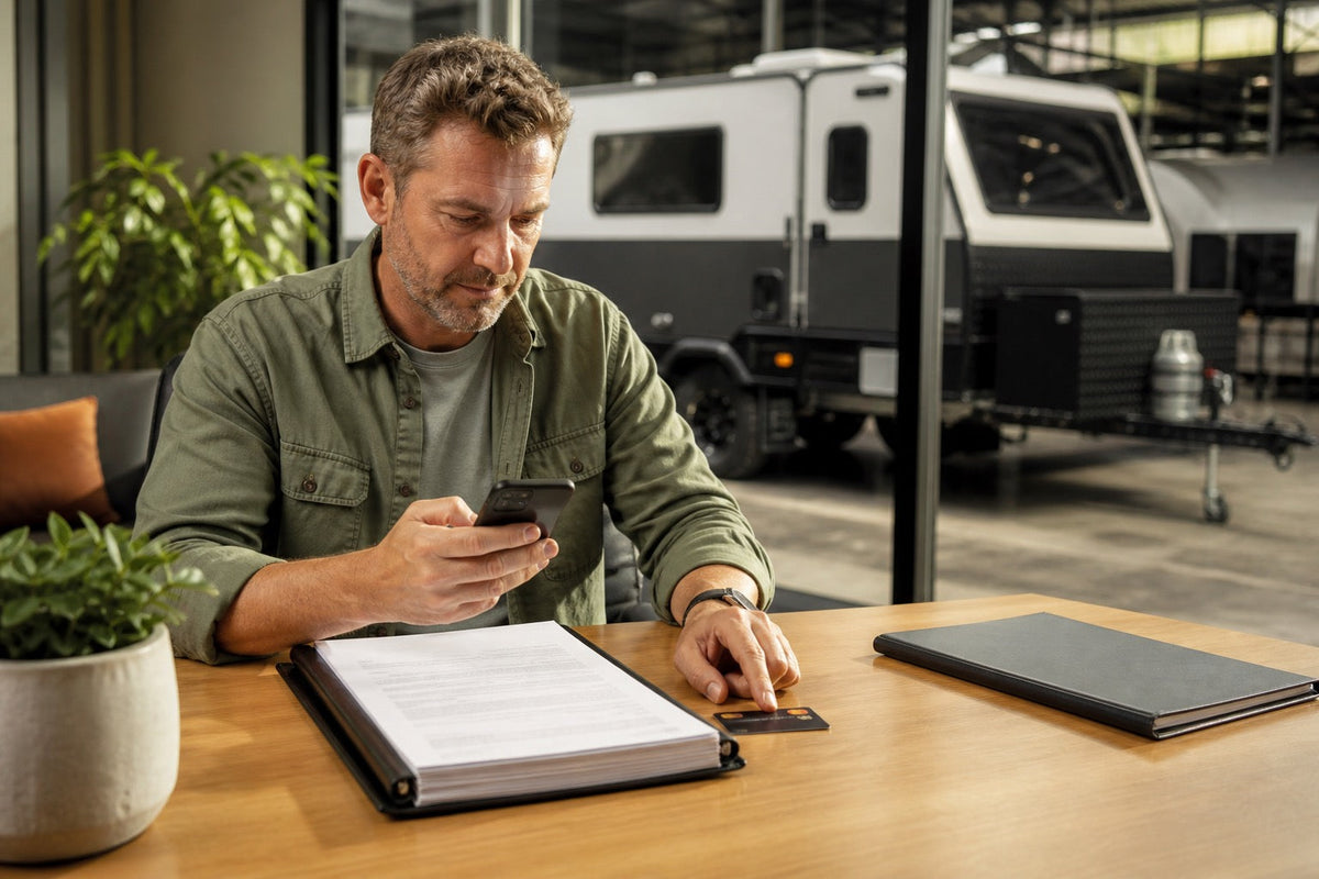 Australian caravan buyer checking company and contract details on a laptop before paying a dealer deposit