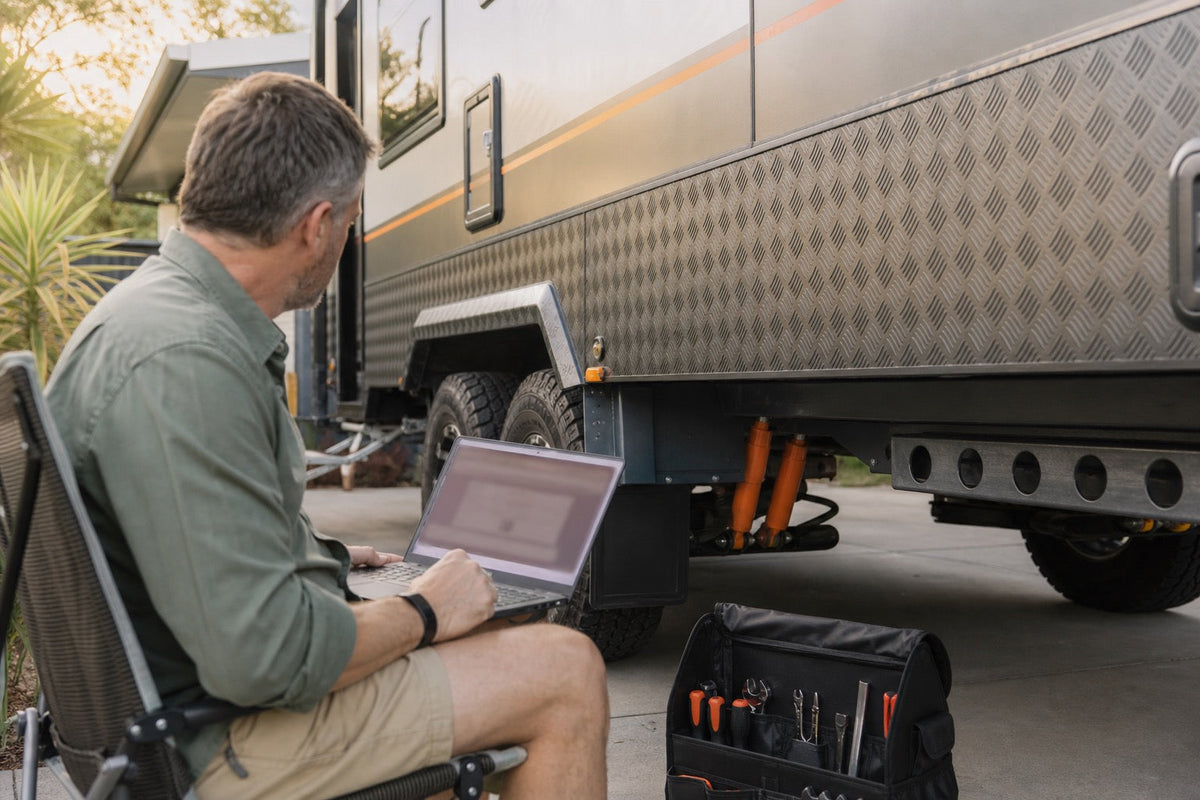 Australian caravan owner checking recall information on a laptop beside the caravan undercarriage