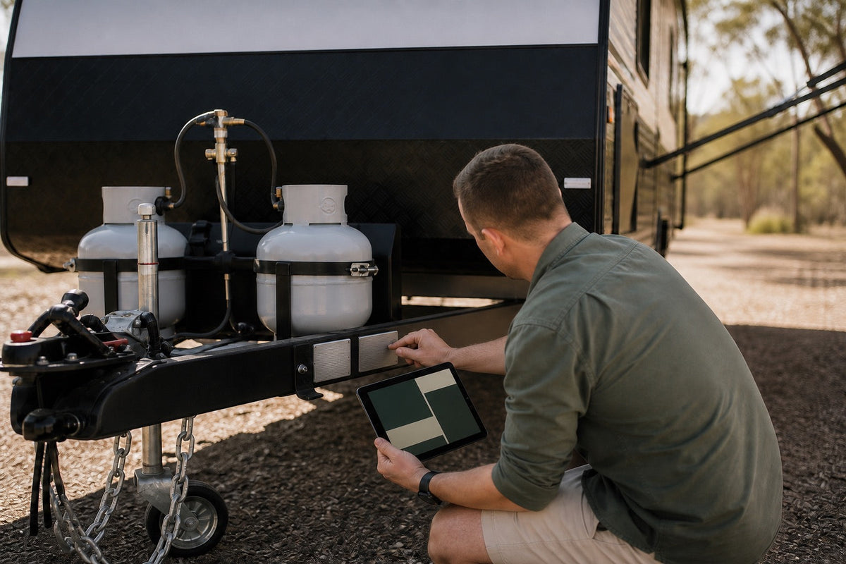 Close view of an Australian caravan vehicle plate being compared with a VIN record on a tablet
