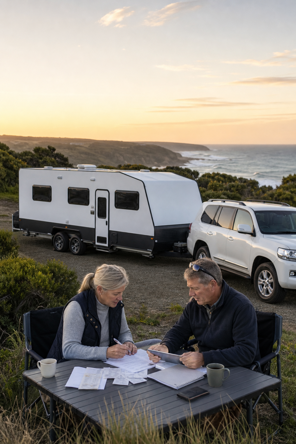 Australian caravan travellers planning their campsite position beside their caravan