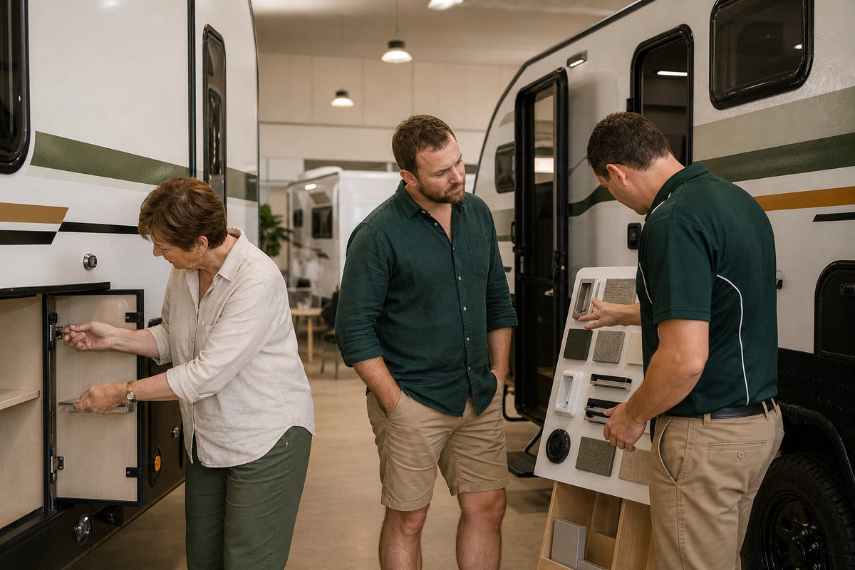 Australian caravan buyers comparing construction details with a salesperson in a bright showroom