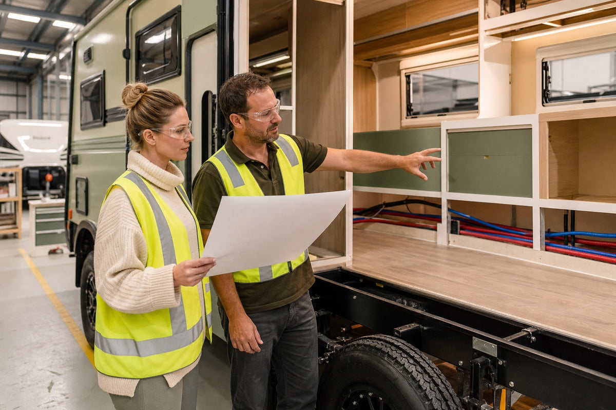 Australian caravan buyer reviewing a custom build with a supervisor beside a caravan under construction