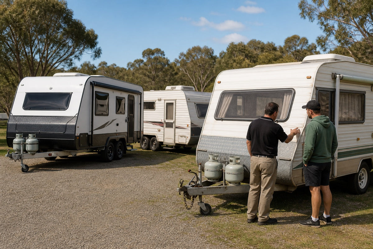Three Australian caravans representing demonstrator, ex-rental and consignment buying options