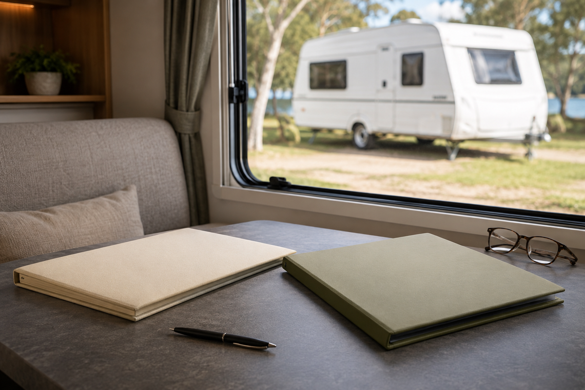 Plain document folders and reading glasses on a caravan dinette table
