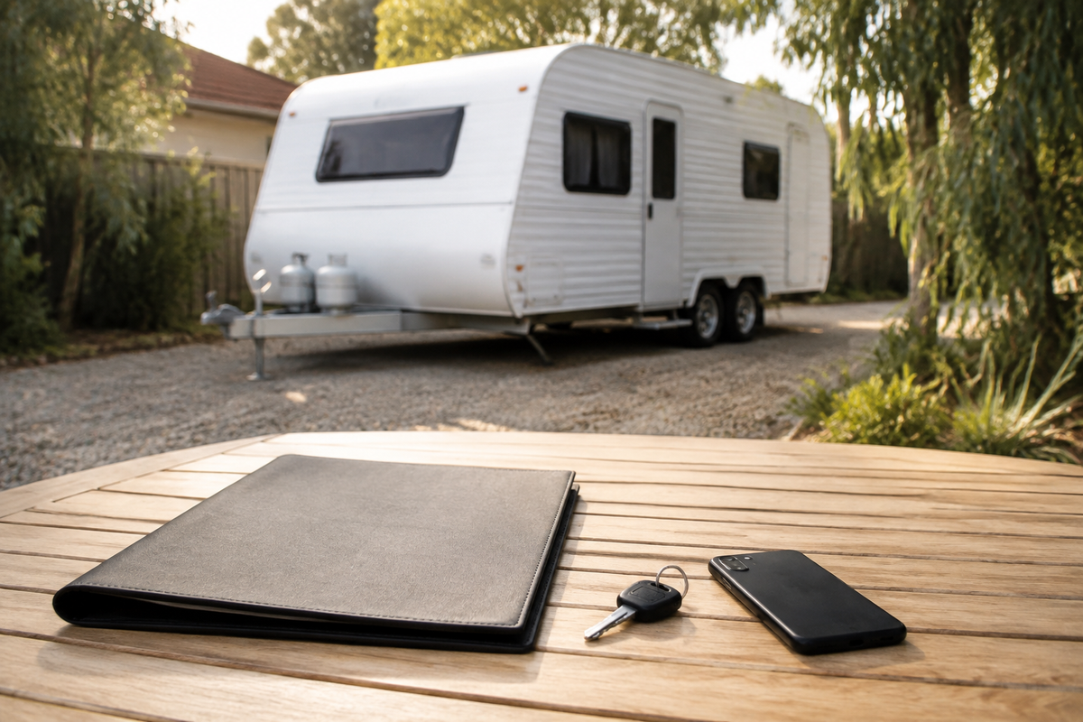 Folder, caravan key and phone on a table with a caravan behind