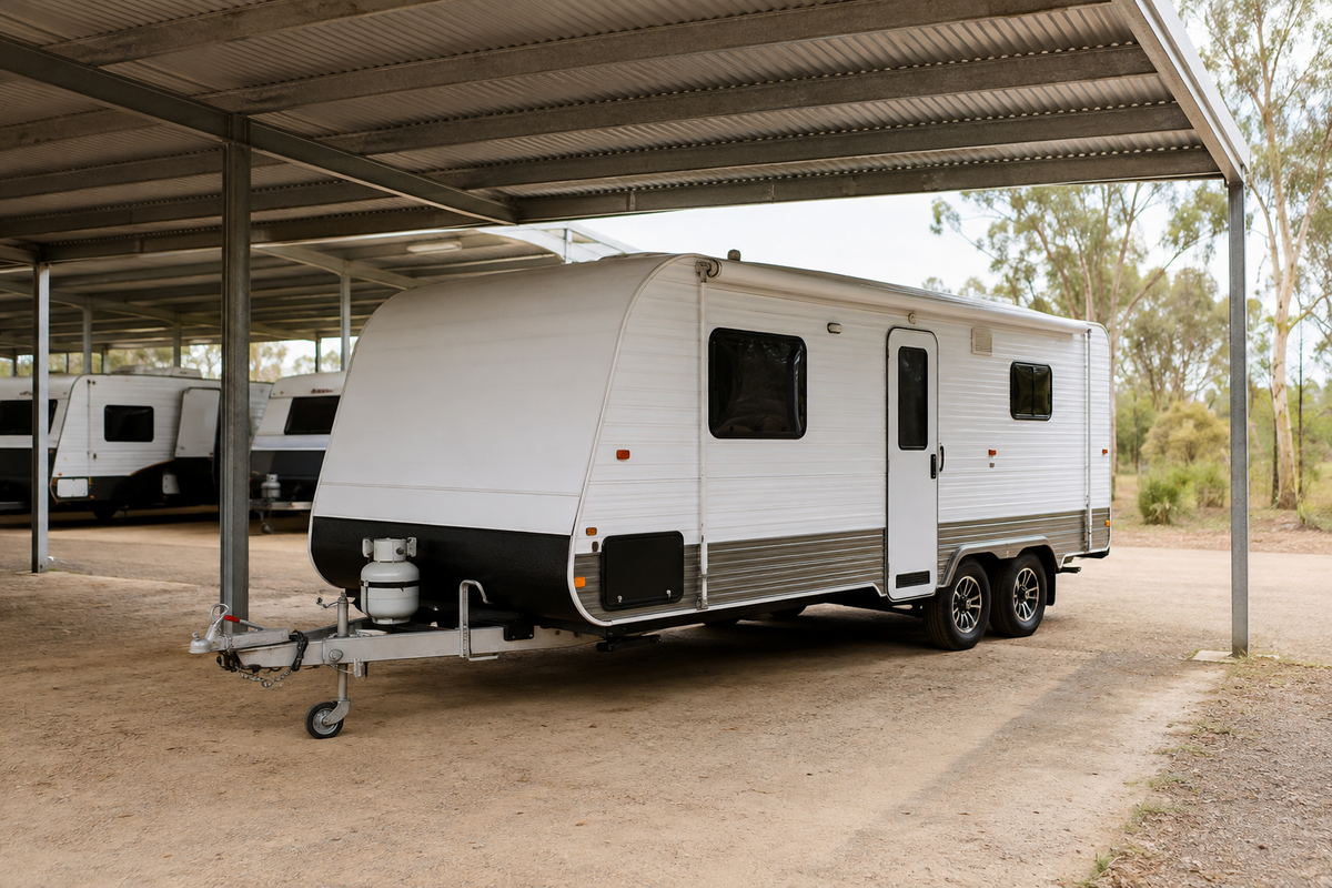 White caravan in an undercover storage bay with a clear access aisle