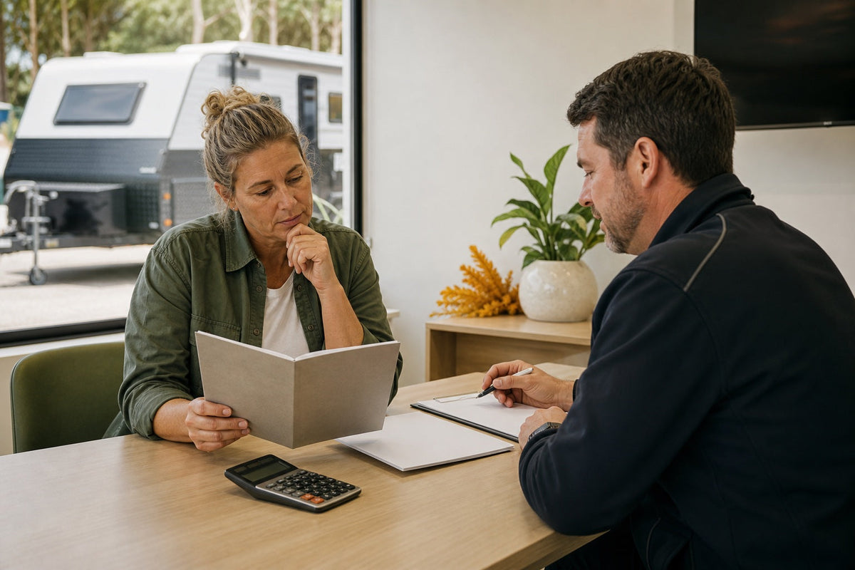 Australian caravan buyer comparing extended warranty terms and repair costs at a desk
