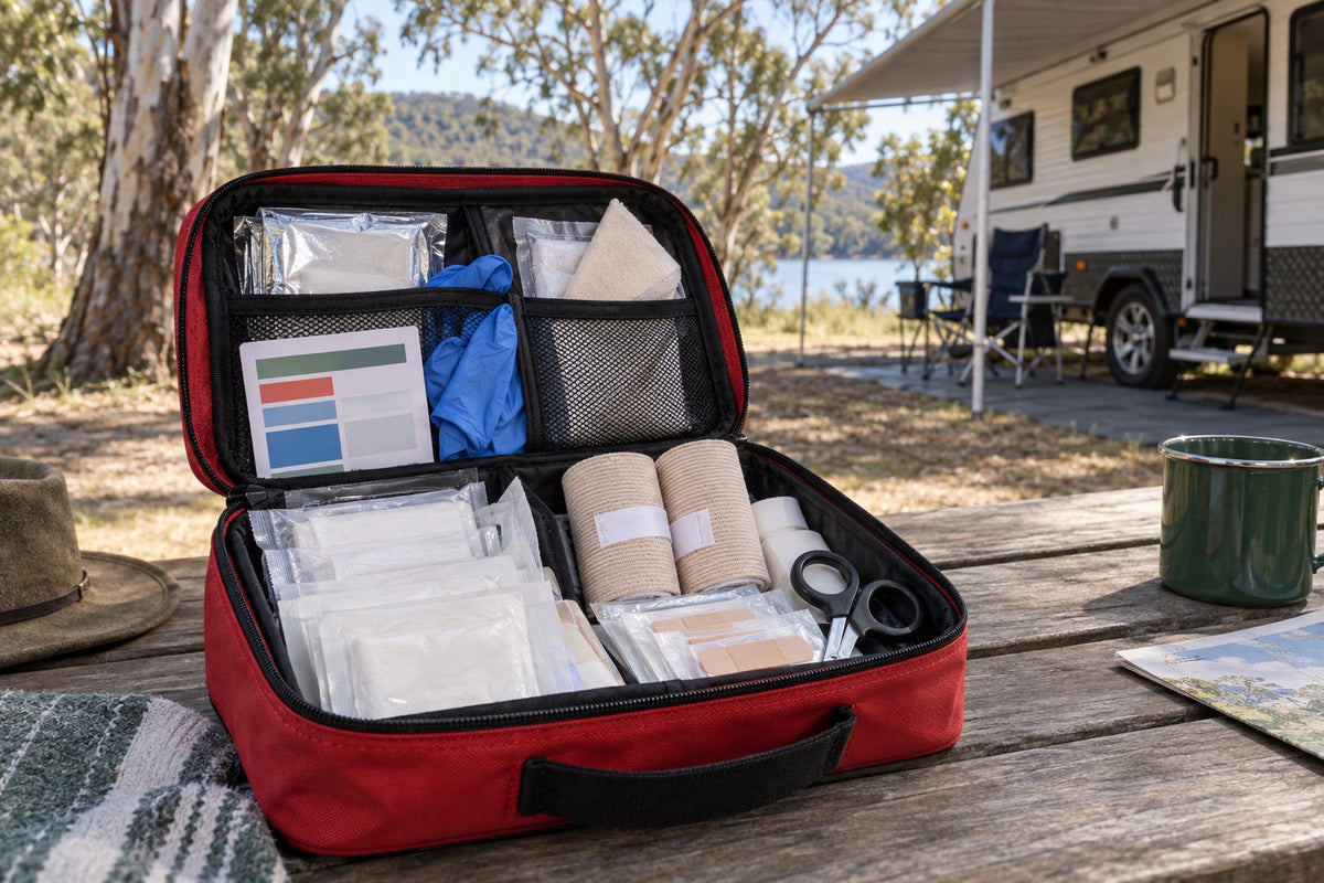 Open caravan first-aid kit with dressings, bandages, gloves and scissors