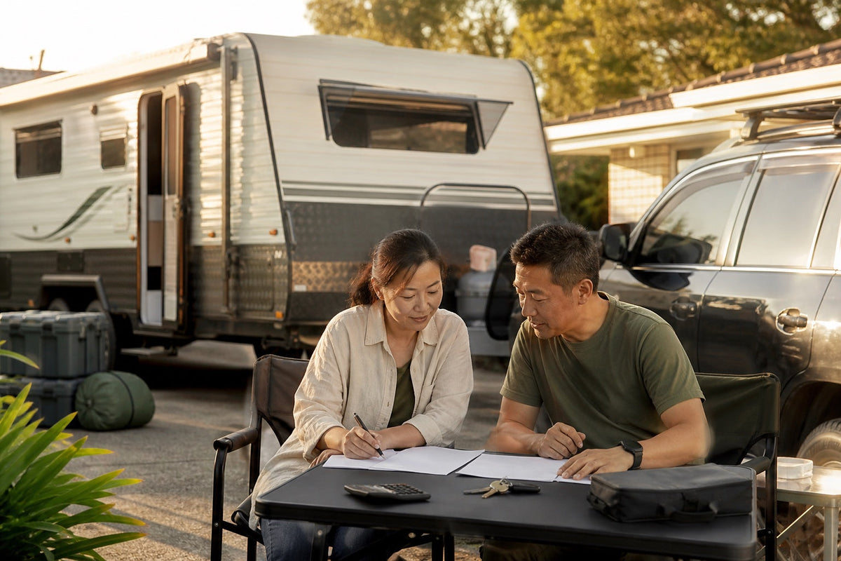 Australian couple reviewing a caravan first-year budget beside their tow vehicle and caravan