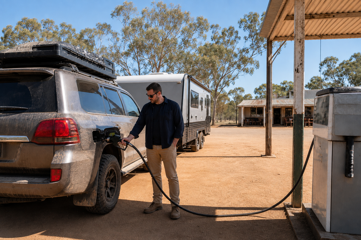 Tow vehicle and caravan refuelling at a remote Australian roadhouse