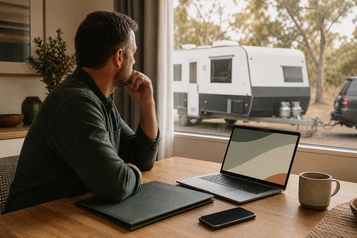 Caravan owner considering practical next steps with a laptop and records after a business closure