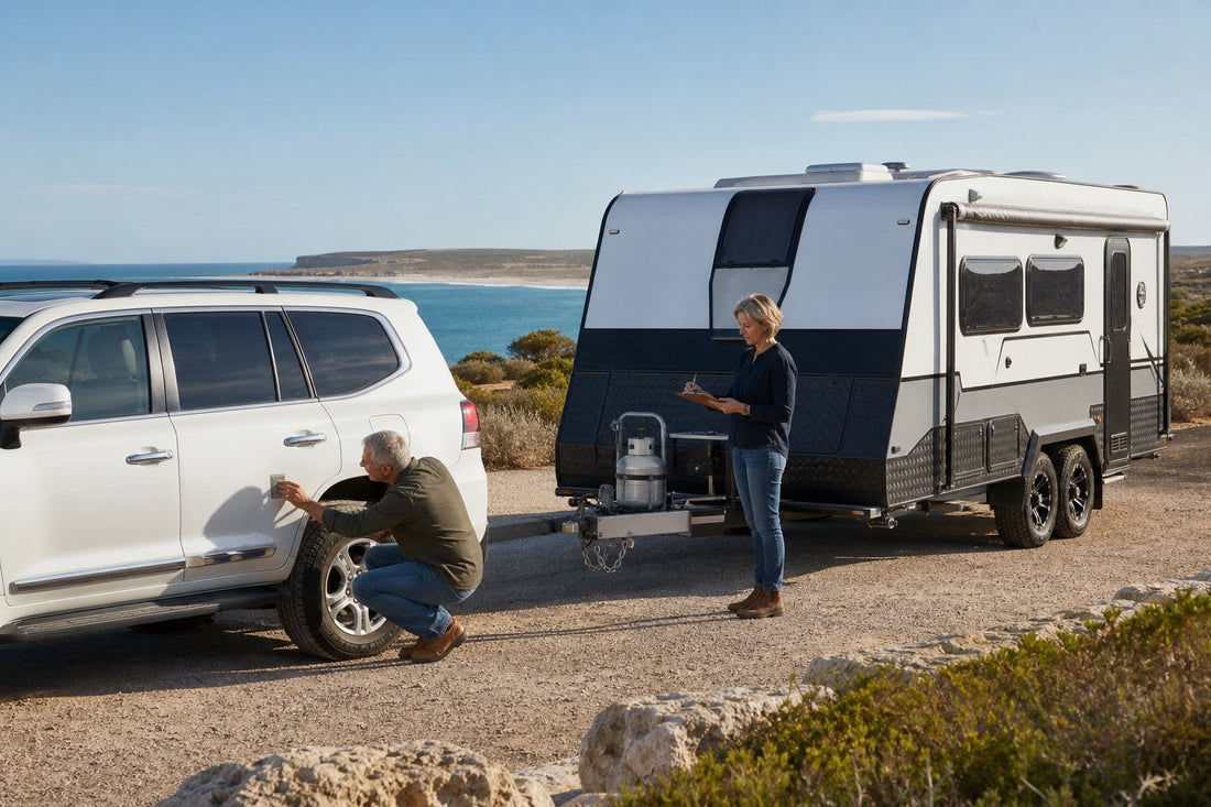 Couple checking tow vehicle and caravan weight information beside the Eyre Peninsula coast