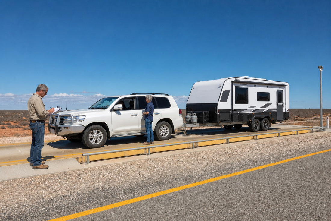White tow vehicle and tandem caravan positioned on a public weighbridge on the Nullarbor